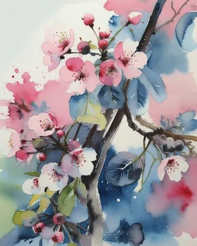 Акварель, вишня цветет,pink flowers are in a watercolor style painting,watercolor floral background,watercolor tree,plum blossoms,blossoming apple tree,flower painting,cherry blossom tree
