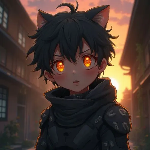 An intricate digital illustration of a humanoid figure, his face secluded in darkness, while the setting sun illuminates his face and bones with its intense orange eyes. The mysterious and blurred bac