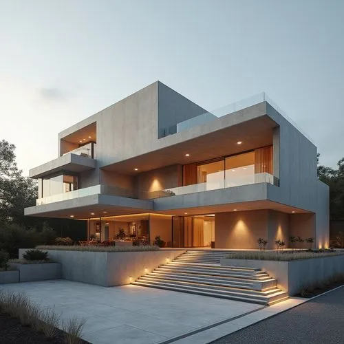 A hyper-realistic, high-resolution architectural photograph capturing a striking, multi-level contemporary home constructed primarily from smooth, exposed concrete. The design is characterized by dram