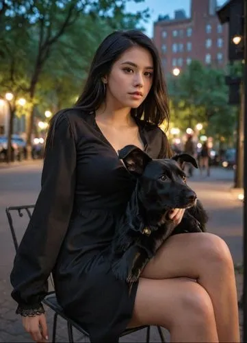 an anime full body of a beautiful caucasian young woman 23 years old, long black hair, wearing a black minidress whit a neckline, she is sitting on a chair whit a beautiful black dog on her lap, she