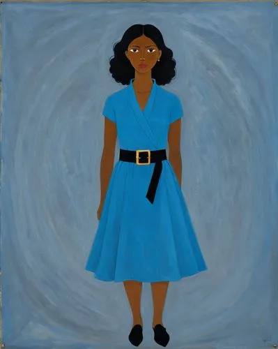 A detailed digital illustration featuring a mysterious woman in a vibrant blue dress and black belt, standing amidst a dark gray backdrop. Her gaze, lost in thought, draws you in adding depth; her dar