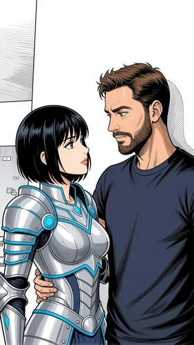 Adds next to the man:
a short-haired, jet-black anime warrior queen Her elegant silver armor is accented with touches of bright blue.
The man and woman are side by side, one arm behind the other, gazi