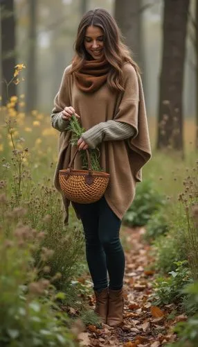 A nature-inspired fall outfit with a wool poncho, slim-fit leggings, and ankle boots. She’s picking herbs in a forest, with a woven basket adding a rustic, earthy touch.