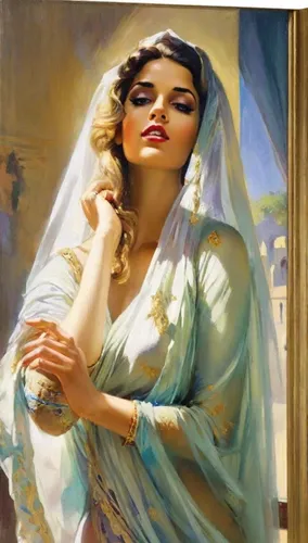 An odalisque character with  veils dancing in a haren,girl in cloth,orientalism,emile vernon,art deco woman,praying woman,the prophet mary,vintage art,italian painter,girl with cloth,woman praying,fra