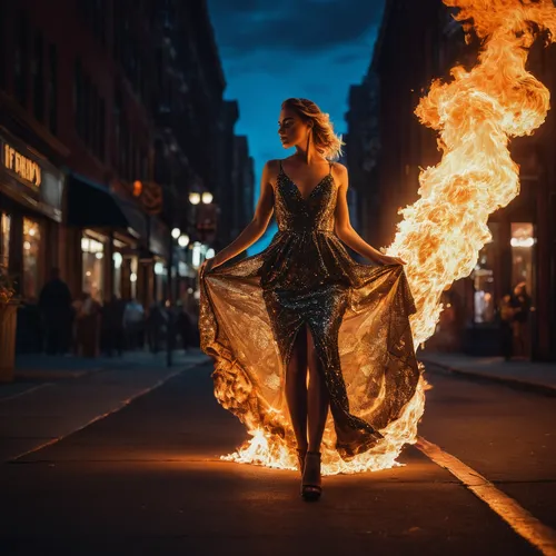person – a dress on fire walking around a city at night, in the style of glamorous hollywood portraits, life in new york city, light installations, photo-realistic, warmcore, luminous sfumato, sculpte