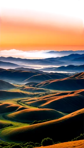 panoramic view, wide-angle lens, curved horizon, vast landscape, mountain range, misty atmosphere, sunrise or sunset, warm color tone, soft lighting, 3/4 composition, dramatic sky, fluffy clouds, roll