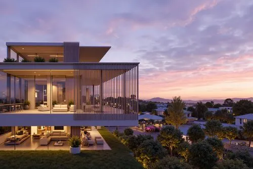 A photo-realistic architectural rendering of a modern, two-story building with a balcony overlooking a cityscape at sunset. the building has a sleek, contemporary design with large glass windows and