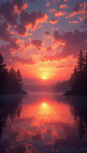 "Create a November wallpaper with a lake reflecting a dramatic sunset in autumn colors. Use vibrant shades of orange, pink, and purple in the sky, with calm water reflecting the scene."














