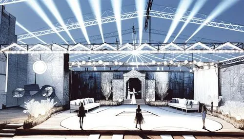 a person standing on a runway with two chairs,stage design