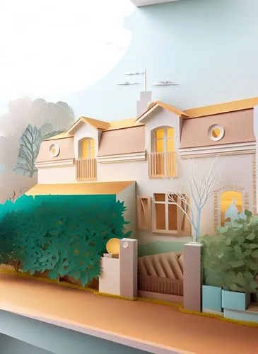 a house is on top of a hill surrounded by trees,dreamhouse,miniature house,home landscape,3d background,3d fantasy,beautiful home