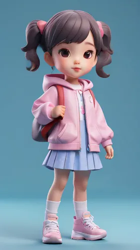 Blind box design, popular market style, cute little girl, wearing a JK clothes, standing posture, solid color background, 3d stereo, c4D,OC rendering, 8k, clean background, super detail main view,cute