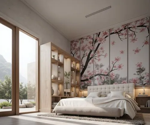 A cozy and elegant bedroom featuring sakura graphic on bedheadside wall, light grey concrete paneled walls and a large window overlooking a mountain scape. The bed has a tufted beige headboard, layere