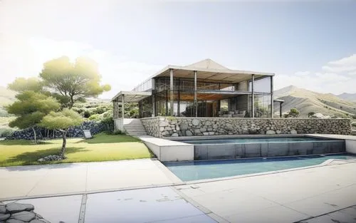 an artistic rendering of a house and pool,dunes house,modern house,pool house,render,holiday villa,rendering,luxury property,mid century house,chalet,renders,luxury home,roof landscape,beautiful home,