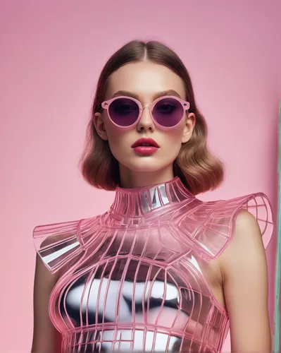 Art collection style and fashion shoot, clothes made of glass, light pink, Paul Rand, solar punk, Camille Vivier, Beth Didonato, hyper realistic, 8K, high resolution, high detail, smooth ,pink glasses