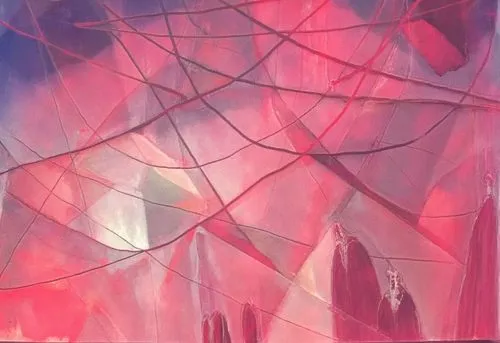 a painting with red and pink colors on it,abstract painting,background abstract,abstract air backdrop,cellophane,fabric painting,stage curtain,abstract background,organza,abstract artwork,streamers,gl