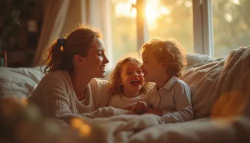  "Uma mãe e seus filhos rindo juntos em casa, com uma paleta de cores quentes e acolhedoras, detalhes em luz natural entrando pela janela para transmitir amor e conexão familiar.",two smiling girls on