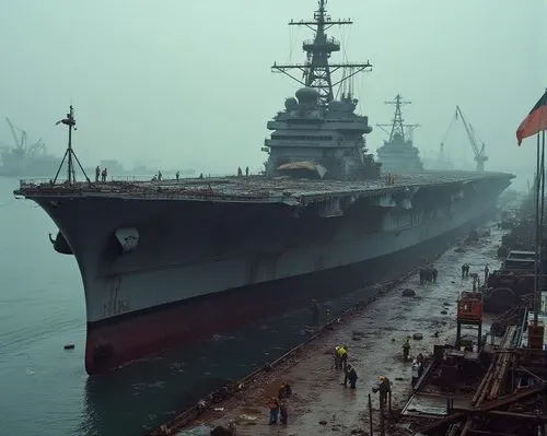 一艘正在充滿油汙,雜亂的軍港拆解到一半的航空母艦,碼頭有焊接工人在焊接,忙碌的工作,an old, gray military ship docked in a harbor,liaoning,aircraft carrier,uss carl vinson,vikramaditya,supercarriers,uss kitty hawk