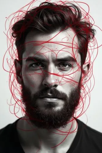 A black-and-white photographic portrait of a 30s bearded man, his face somber and contemplative. Intricate red scribbled lines are drawn over and around his face, wrapping and intertwining with his fe
