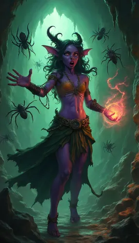 a woman standing in a cave with spider spiders,inara,kalima,medusa gorgon,yavana,uma,durga,shadowboxer,kharar,kerrii,alani,baladeva,mahakala,ratri,kaliya,jaya,amaradeva,devi,shrivastav,kerrigan,mahaka