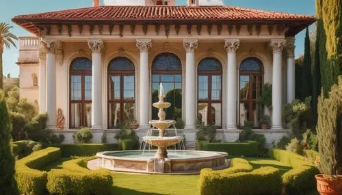 Italian style architecture, grand villa, ornate decorations, Baroque details, white marble columns, intricate carvings, red-tiled roof, large windows with shutters, ivy climbing up walls, Mediterranea