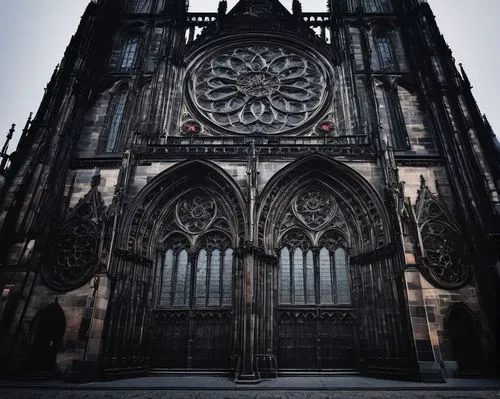 Gothic architecture, Prague, St. Vitus Cathedral, grandiose, intricate stone carvings, stained glass windows, ribbed vaults, pointed arches, flying buttresses, ornate pinnacles, mysterious atmosphere,