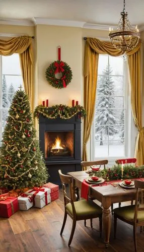 The image depicts a beautifully decorated dining room, exuding a warm and festive Christmas atmosphere. The room features a large wooden dining table set for a holiday meal, complete with elegant plac