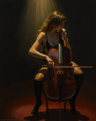 An oil paint of a beautiful young caucasian woman with long brown hair sitting on a stool with a cello, playing the instrument on a dimly lit stage in a dark theater. She is wearing a black swimsuit a