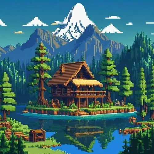 Pixel Art,log cabin,mountain village,pixel art,ski resort,mountain settlement,the cabin in the mountains,house in the mountains,house in mountains,house with lake,alpine village,mountain scene,log hom