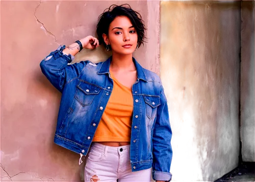 Free-spirited lesbian, young adult, short hair, messy bob, nose ring, tattoo sleeve, casual wear, denim jacket, ripped jeans, sneakers, relaxed posture, leaning against wall, soft focus, warm color to
