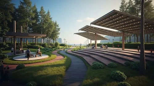 Public Park with concert area, many trees, people walking, photography extreme details, highly detailed, 8k, intricate, cinematic lighting, realism pushed to extreme, fine texture, photorealistic, Ult