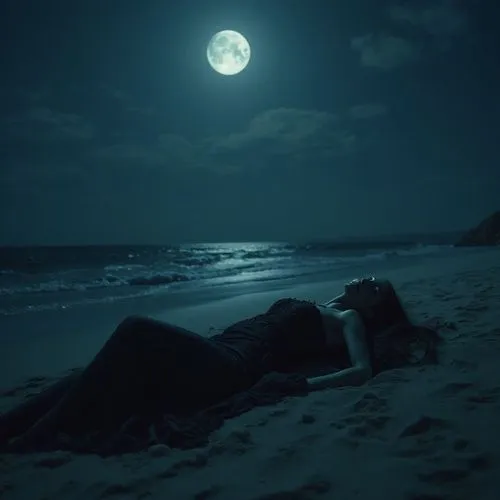 a woman laying down in the sand near the ocean,dark beach,sea night,moonlit night,moonlight,romantic night,indolent,moonlit,moonlighted,girl on the dune,conceptual photography,night image,nocturnally,