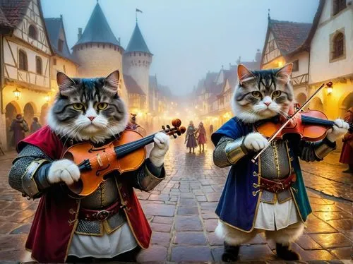 two Persian cats dressed as bums play violins,two cats dressed in costumes play violin and violin,town musicians,troubadours,violinists,musicians,cat pageant,medieval,cat warrior,medieval street,muske