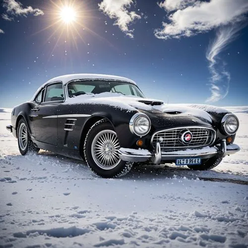 black-metallic, drifting, south pole, heavy snow, sunny day,vintage sports car sitting in the snow under a bright sun,classic cars,classic car,vintage cars,alpine style,vintage car,car wallpapers,auto