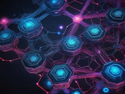 Modern java microservices architecture, complex system diagram, multiple hexagonal nodes connected by lines, 3D visual representation, futuristic neon lighting, metallic structure, abstract background