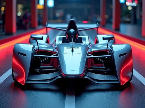 A silver-colored futuristic formula one is positioned by night on the starting line of a car race highlighted by vibrant neon lighting.
The composition is centered on the vehicle, which dominates the 