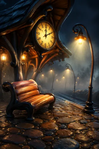 Cartoonishly exaggerated foggy train station at night, rendered with high-end 3D animation textures and lighting, framed at dynamic eye level. Rubbery, warped proportions define an exaggeratedly tall 