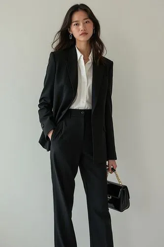 Fashion Model,a woman in black pants and white shirt,woman in menswear,businesswoman,pantsuit,business woman,black suit,navy suit,Photography,Fashion Photography,Fashion Photography 01