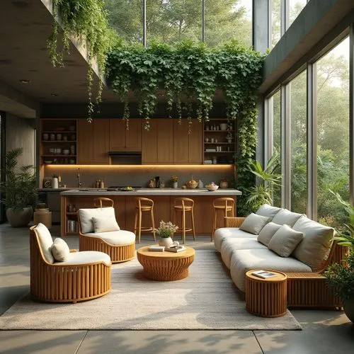 An eco-friendly studio apartment kitchen interior, bamboo made chairs and center table, concrete walls and decorated in greenery and flowers, green roof , with opulent ambience. atmosphere is Fall, wi