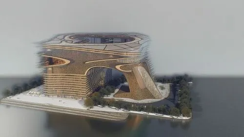 Ultra realistic architectural visualization of an iconic sculptural business headquarters inspired by a hand sketch, monumental contemporary architecture, massive carved stone volume floating above a 