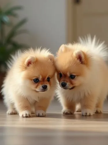 Help me translate this text into English: "Two different Pomeranian puppies are constantly busy at home. Their tiny figures shuttle in every corner, rubbing the ground with their fluffy bodies as if t