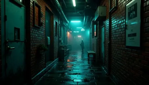 Moody dark cyan walls, mysterious ambiance, industrial chic decor, exposed brick textures, distressed wood accents, vintage metal fixtures, moody lighting, foggy atmosphere, cinematic composition, sha