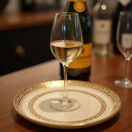 a gold striped plate and a glass and a bottle of champagne on a wooden counter,glass of wine sitting on a saucer with a bottle in the background,sauternes,white wine,wineglasses,chardonnay,stemware,wi