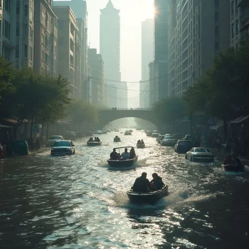 Extreme level view of flood in a city, vehicles are floating in the water, peoples walking through the water and passing through water using small boats,people on small boats on a busy street in the m
