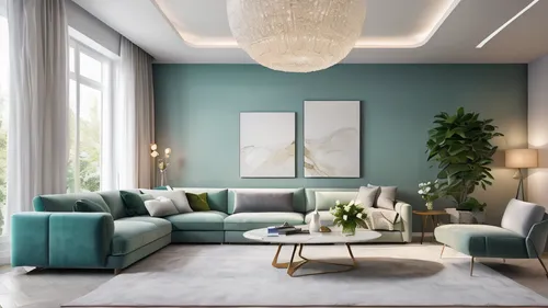 A living room with a ceiling light, west elm sectional sofa, marble table, blue blanket, vase, decorative photography, light
 background wall, background light, white and gray transition carpet, green