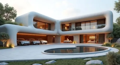 A photorealistic rendering of a luxurious and futuristic residential villa with an area of approximately 140 square meters. The residence is constructed entirely of hempcrete and features a smooth, ve
