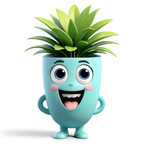 eine süsse lachende cartoon Tasse mit großen augen und pflanzen,pineapple plant,pinapple,fir pineapple,cute cartoon character,young pineapple,pineapple head,king coconut,ananas,pineapple,saw palmetto,