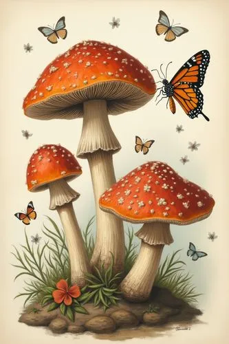 Mushrooms, butterfly botanical illustration from an ancient encyclopedia oil painting,mushrooms with erflies flying about in a meadow,mushroom landscape,fly agaric,conocybe,amanita,umbrella mushrooms,