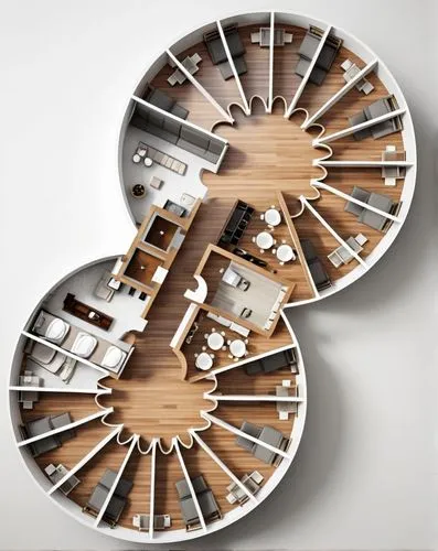an overhead view of a room with two couches and a dining area,circular staircase,circular puzzle,stereographic,wooden wheel,spiral stairs,chair circle,spiral staircase,dish storage,wooden wheels,coffe
