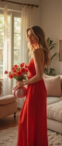 A cozy living room with plush furniture and bright lighting. A woman in a red dress stands on a plush rug, holding a slender pink vase filled with fresh flowers. The sun streams in through the large w