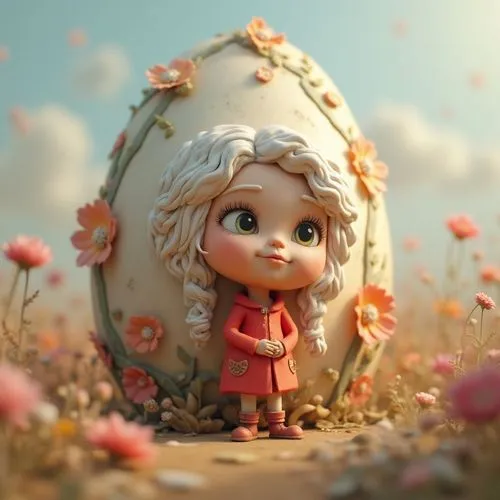 Sin fondo. Fondo transparente. whimsical scene featuring a young girl with curly white hair, wearing a red coat and holding a decorated egg. She stands in front of an enormous egg-shaped structure tha
